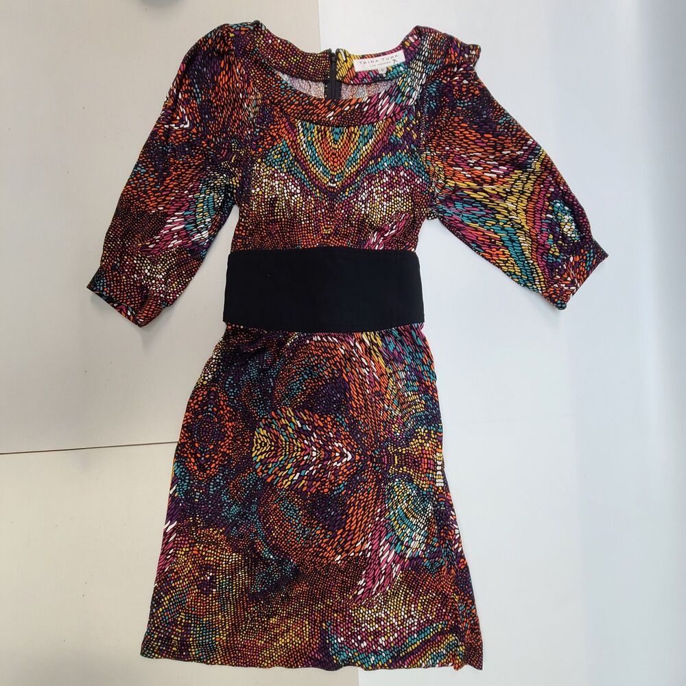 Trina Turk Vibrant Abstract Print Dress Paisley 3/4 Puff Sleeves Sash Size 0